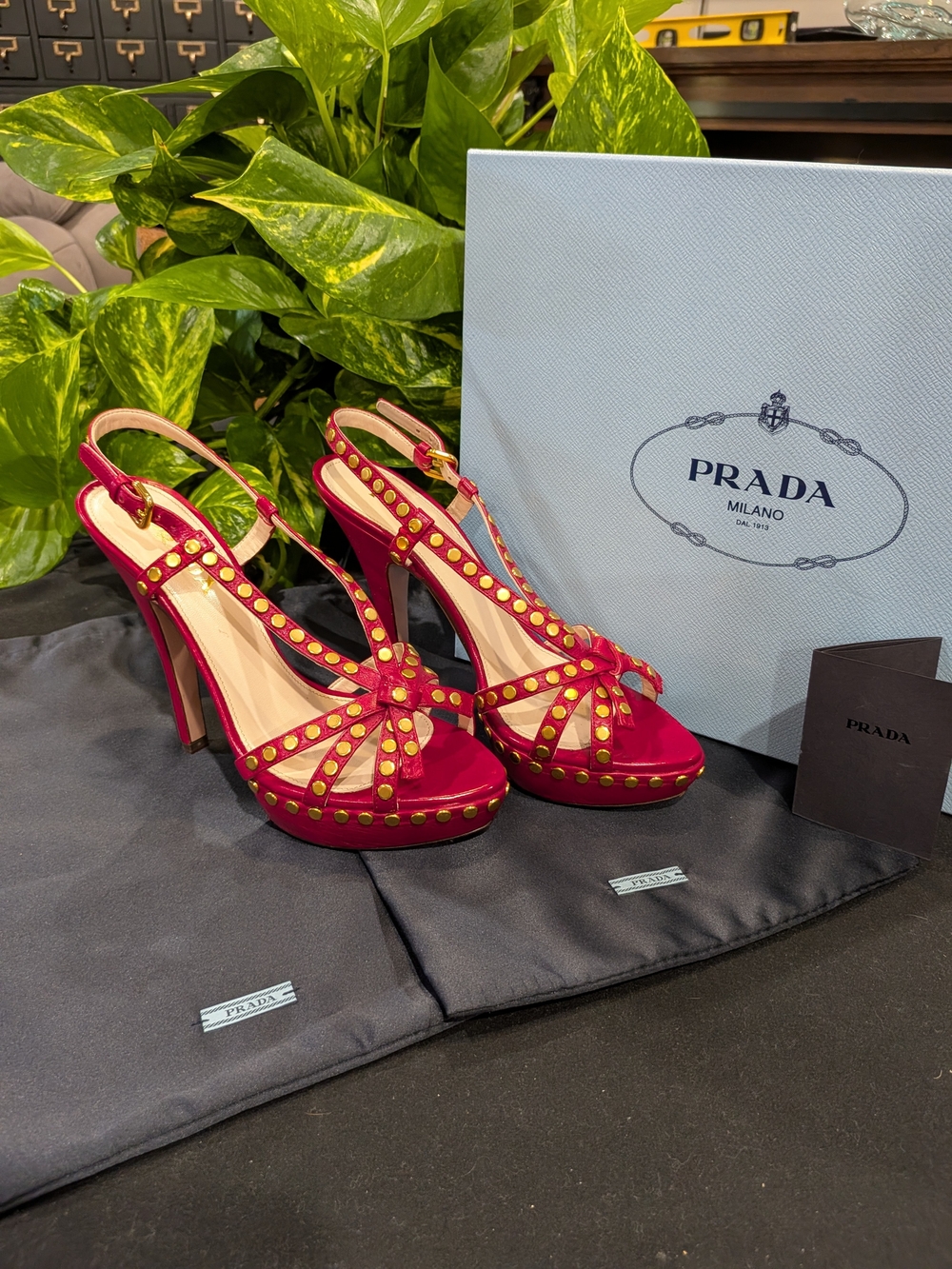 Prada Women's Red Studded Platform Slingback Heels